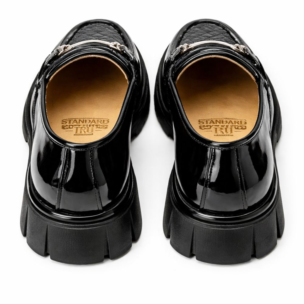 Glossy Black Slip On Dress Loafers with Metal Accent